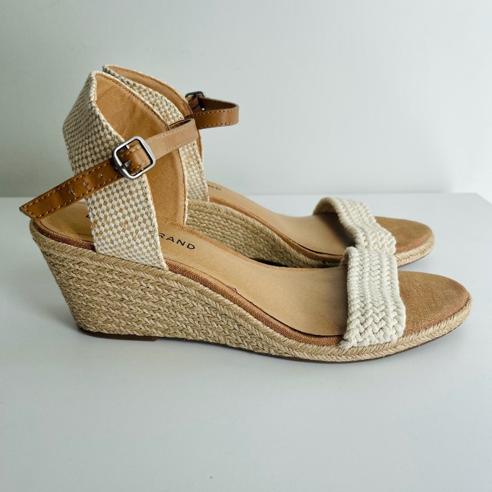 Lucky Brand Tan & Cream Rope Espadrille Wedge Sandals Sz 10.5